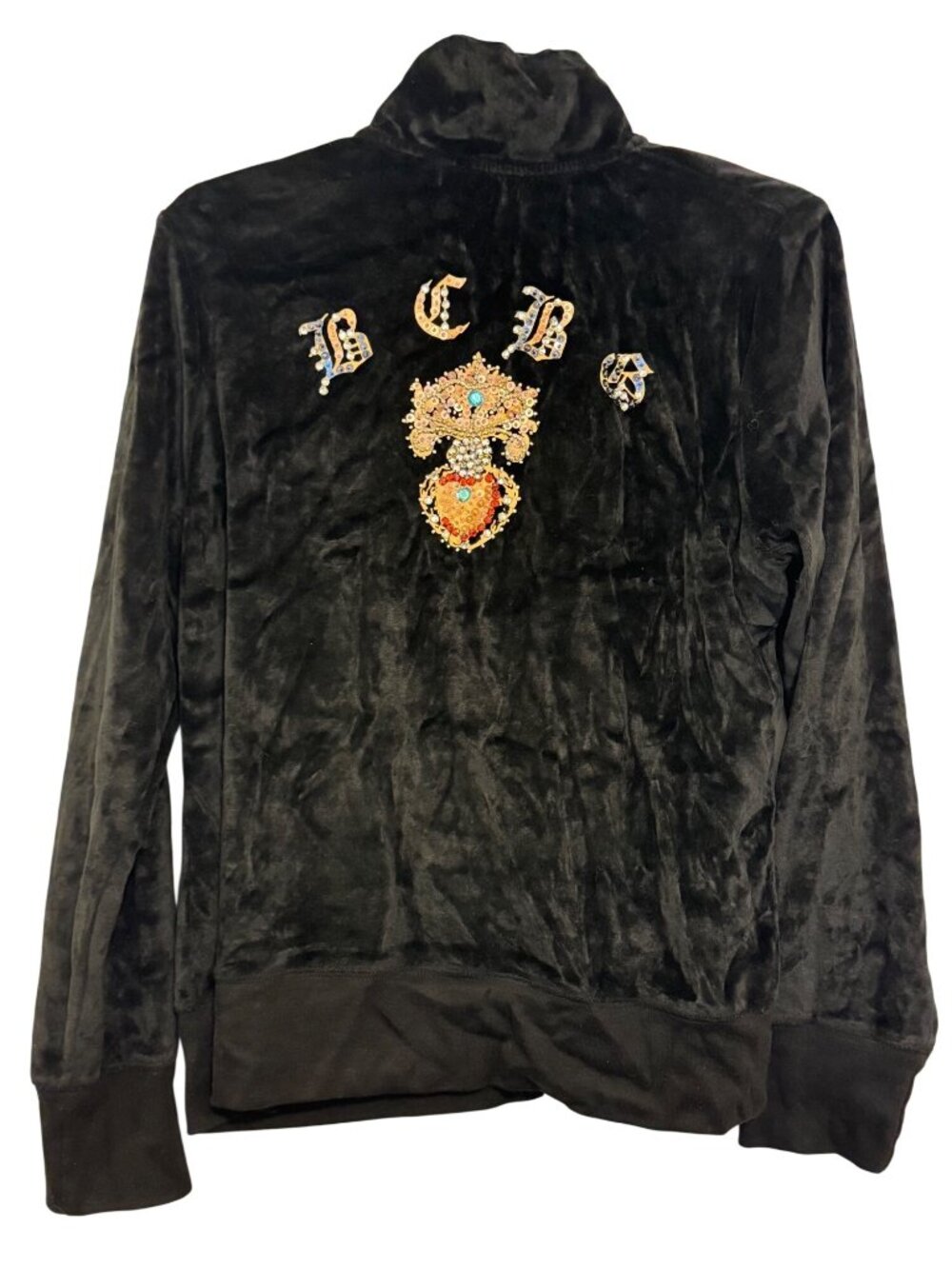 vintage Y2K BCBGMAXAZRIA Black Velour Jacket XL Rhinestone Heart Crest